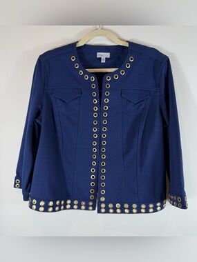 Linea Domani Women’s Cropped Navy Grommets Trim Jacket Size Large